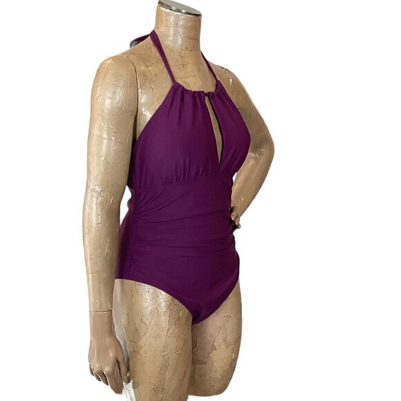 One-Piece Halter Neck Ruched Swimsuit Sz L Plum-Purple 254D - Picture 2 of 6